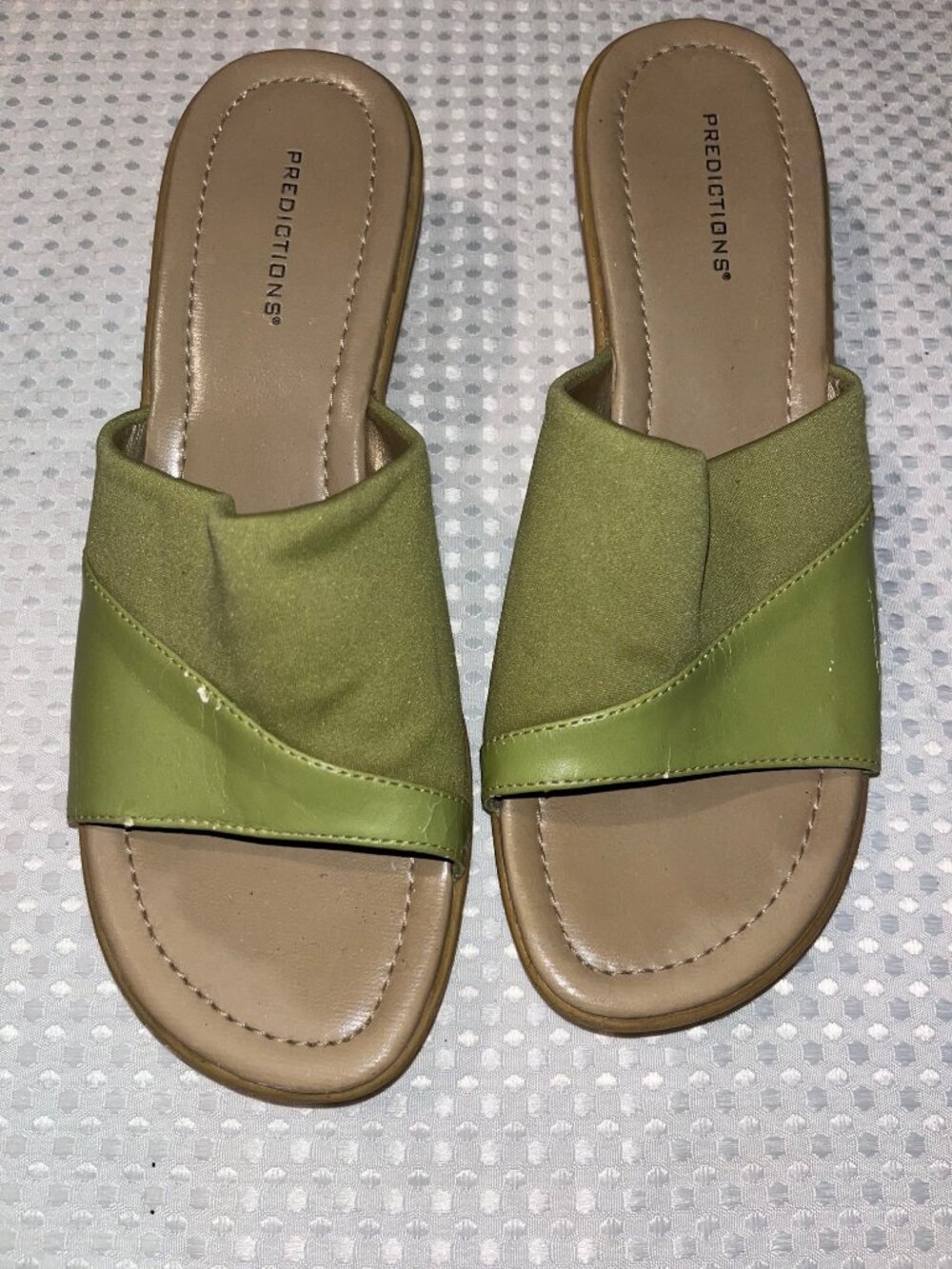 Predictions Green Stretch Fabric Low Wedge Slide Sandals Size 7.5